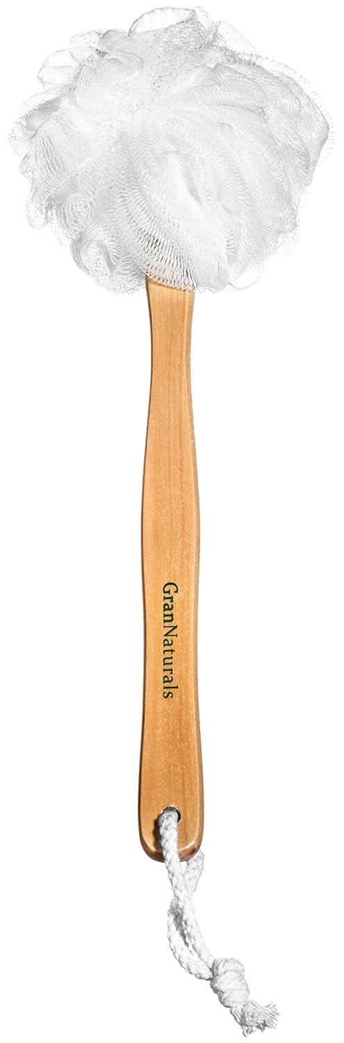 GranNaturals Shower Loofah on a Stick Body & Back Scrubber - Long Handled Mesh Bath Sponge Pouf Luffa Brush on a Stick with a Wood Handle for Men & Women - Easy Reach Body Wash & Lotion Applicator