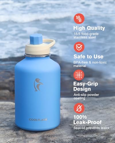 Coolflask 64 oz Water Bottle Insulated with PU Leather Sleeve, Half Gallon Water Bottle Color Contrast with Straw Lids, Stainless Steel Metal Large Water Jug, Keep Cold 48h Hot 24h,Sky Blue - Image 5