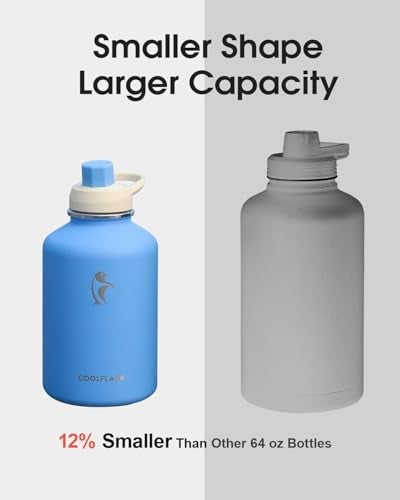 Coolflask 64 oz Water Bottle Insulated with PU Leather Sleeve, Half Gallon Water Bottle Color Contrast with Straw Lids, Stainless Steel Metal Large Water Jug, Keep Cold 48h Hot 24h,Sky Blue - Image 4