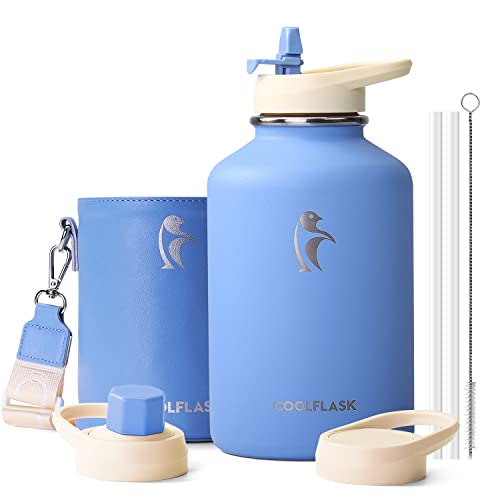 Coolflask 64 oz Water Bottle Insulated with PU Leather Sleeve, Half Gallon Water Bottle Color Contrast with Straw Lids, Stainless Steel Metal Large Water Jug, Keep Cold 48h Hot 24h,Sky Blue - Image 1