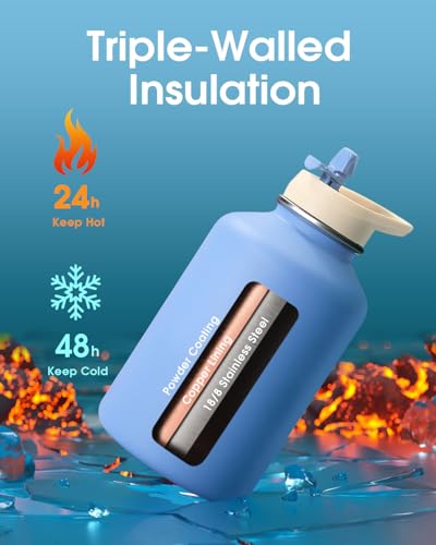 Coolflask 64 oz Water Bottle Insulated with PU Leather Sleeve, Half Gallon Water Bottle Color Contrast with Straw Lids, Stainless Steel Metal Large Water Jug, Keep Cold 48h Hot 24h,Sky Blue - Image 2