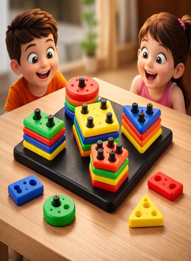 SARASI Geometric Shape Sorter Toy, Colourful Stacking Blocks, Educational Learning Toy for Toddlers, Multiple Shapes - Image 2