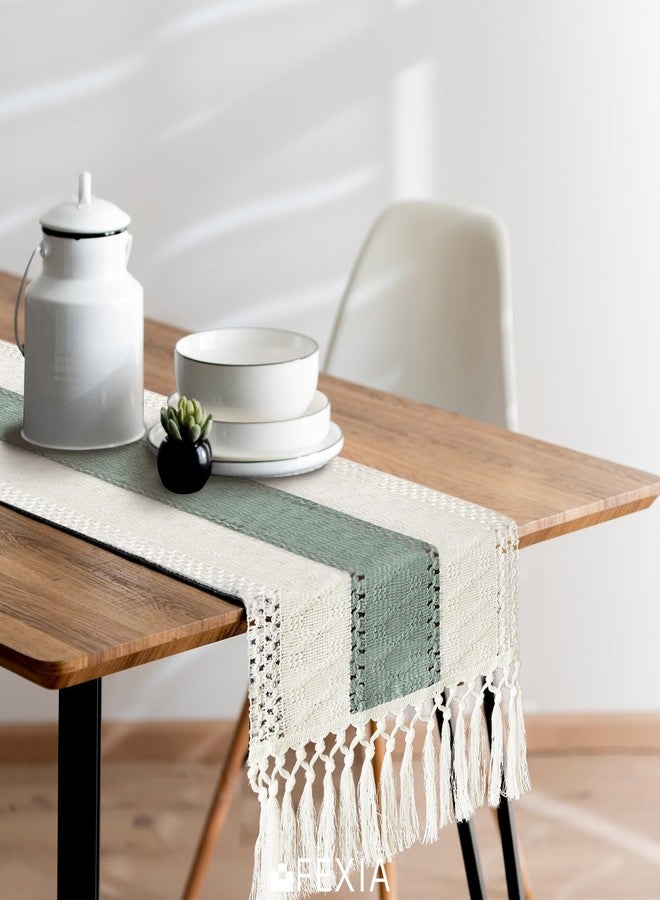 FEXIA Sage Green Table Runner 90 Inches Long with Tassels Boho Macrame Farmhouse Table Runners for Home Decor Party Bohemian Rustic Bridal Shower Dining Decor (12x90 Inches) - Image 5