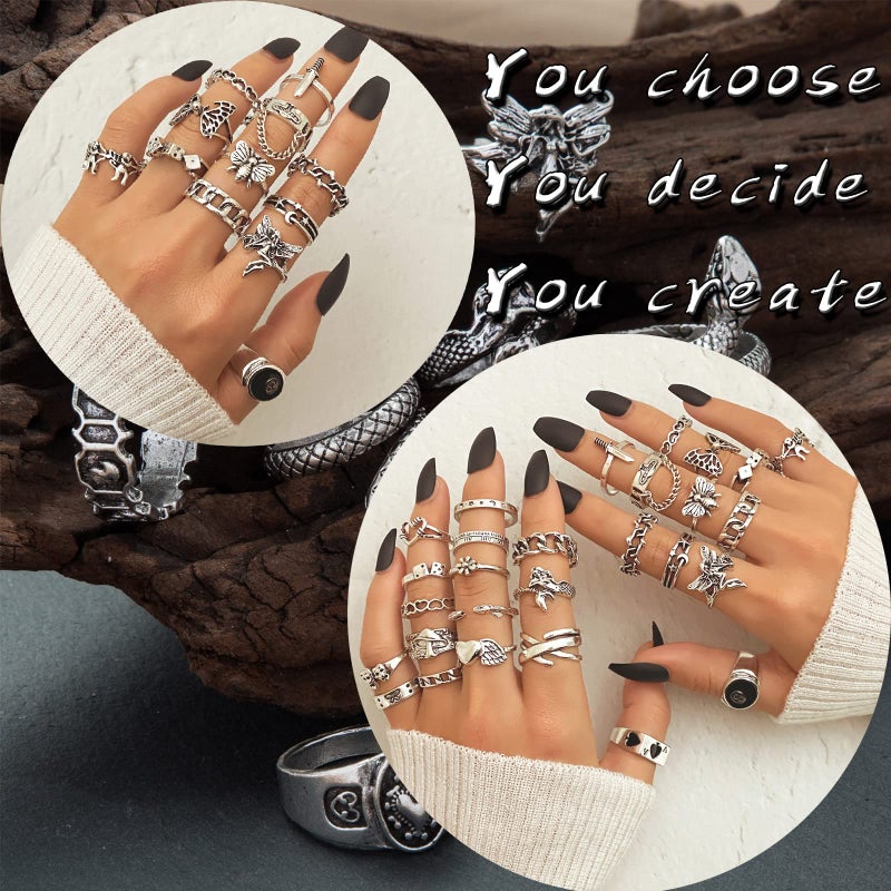 IFKM PCS Vintage Silver Knuckle Rings Set for Women Teen Girl, Stackable Joint Finger Statement Rings Bohemian Retro Hollow Carved Midi Rings, Steel, No Gemstone - Image 3