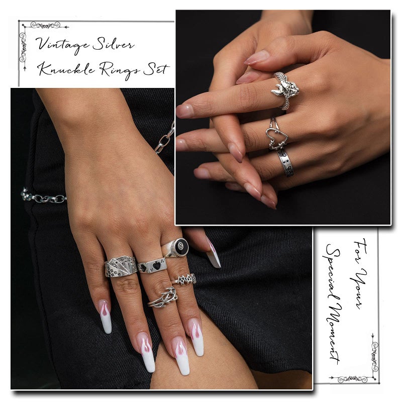 IFKM PCS Vintage Silver Knuckle Rings Set for Women Teen Girl, Stackable Joint Finger Statement Rings Bohemian Retro Hollow Carved Midi Rings, Steel, No Gemstone - Image 2