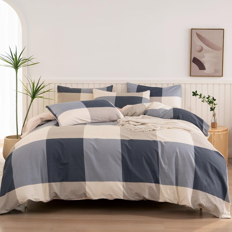 Jane yre King Duvet Cover Set Plaid 100% Brushed Microfiber Reversible 3 Pieces Bedding Set Vintage Style Checkered Pattern Geometric Duvet Cover King with Zipper Closure Luxury Soft Breathable Comfy - Image 1