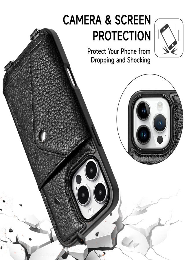 جراب هاتف كروس بودي من لاكي كوين لهاتف آيفون 16 برو ماكس، جراب محفظة من الجلد الطبيعي المحبب مع حامل بطاقات قابل للتوسيع، حقيبة هاتف سوداء للنساء مع حزام قابل للتعديل والإزالة، للسفر/الحفلات - Image 4