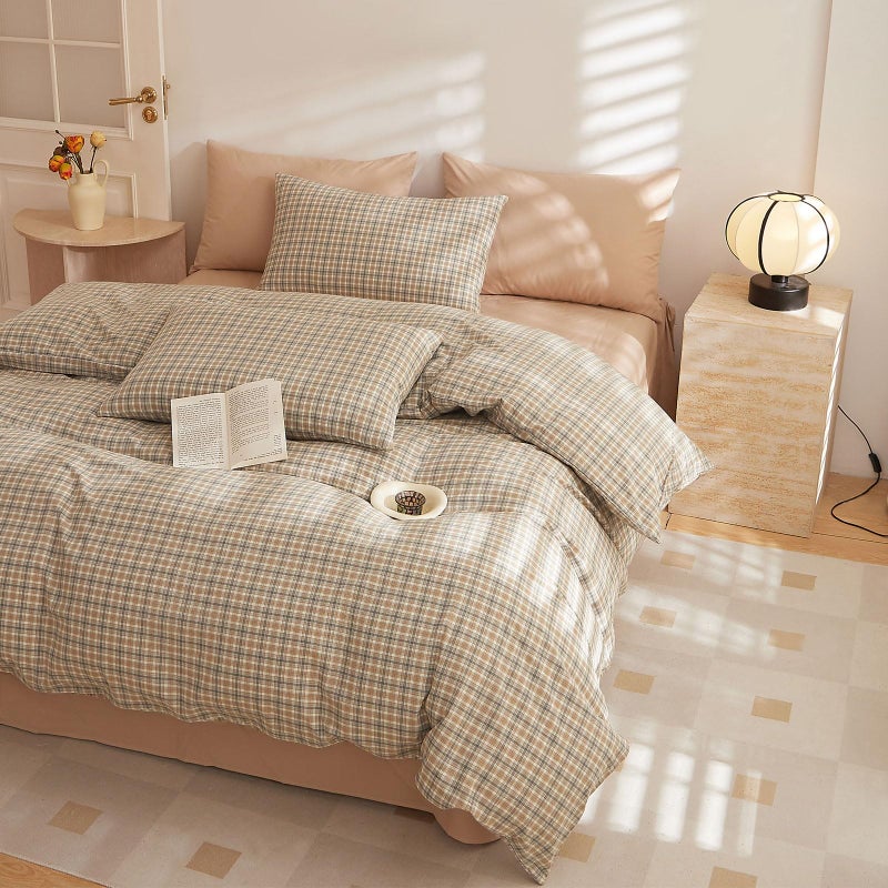 EAVD Retro Tan Gingham Duvet Cover Queen Khaki Brown Grid Plaid Bedding Set Soft 100% Washed Cotton Like Linen Feel Soft 3-Piece Brown Vintage Checkered Plaid Duvet Cover with Zipper Closure - Image 5