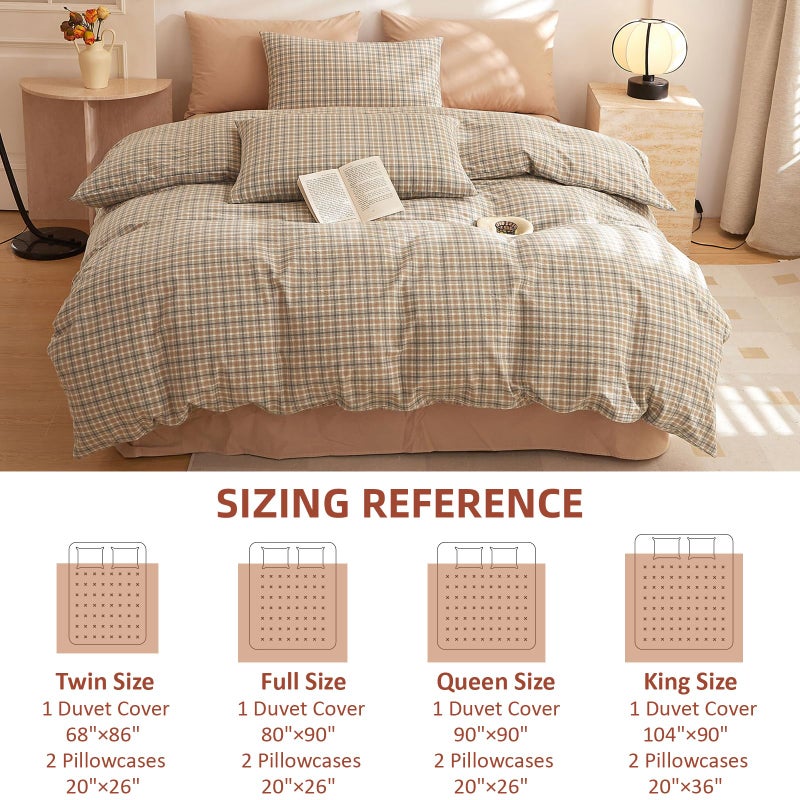 EAVD Retro Tan Gingham Duvet Cover Queen Khaki Brown Grid Plaid Bedding Set Soft 100% Washed Cotton Like Linen Feel Soft 3-Piece Brown Vintage Checkered Plaid Duvet Cover with Zipper Closure - Image 4
