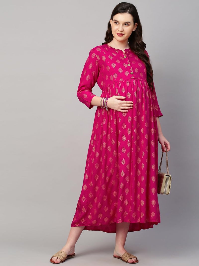MomToBe Women's Rayon Maternity Dresses | Pregnancy Feeding Nursing Dress with 14 inch Zip on Both Sides (Rani Pink ; X-Large) - Image 2