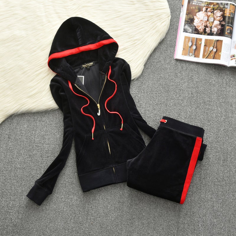 2021 Spring Gold Silk Velvet Sports Suit Fashion Color Block Brace Casual Hood Slim-Fit Two-Piece Fashionable Set - Image 1