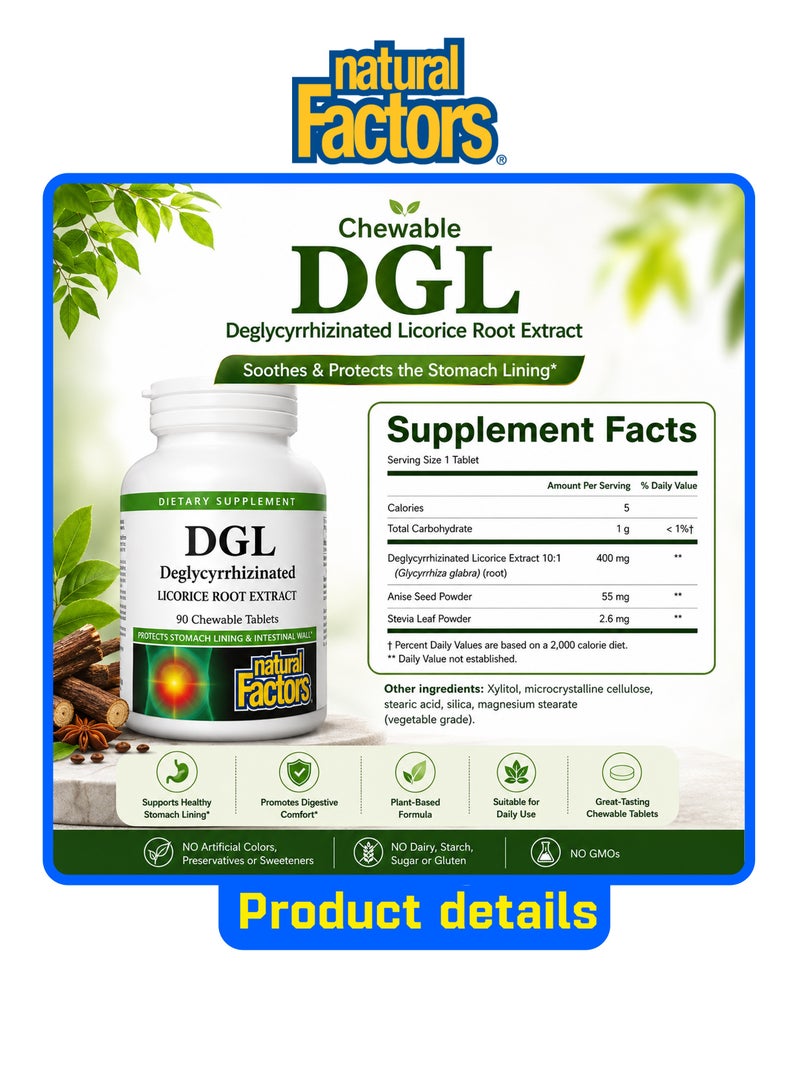Natural Factors, DGL, Deglycyrrhizinated Licorice Root Extract, 90 Chewable Tablets - Image 2