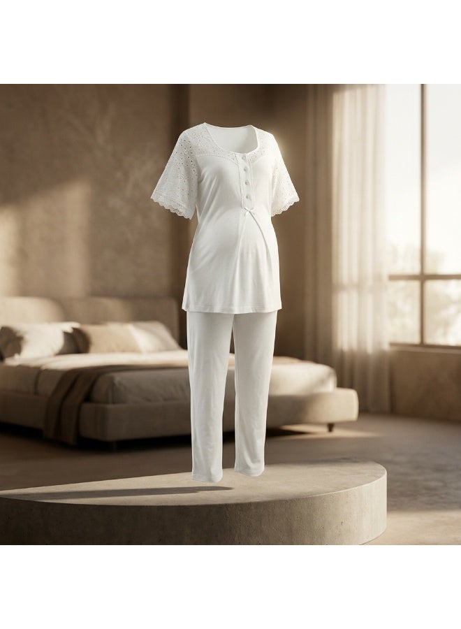 Lady Lingerie 2-Piece Maternity & Nursing Pajama Set | Short Sleeve Button-Front Top & Adjustable Waist Pants | Soft Cotton Viscose Blend | Made in Turkey - Image 1