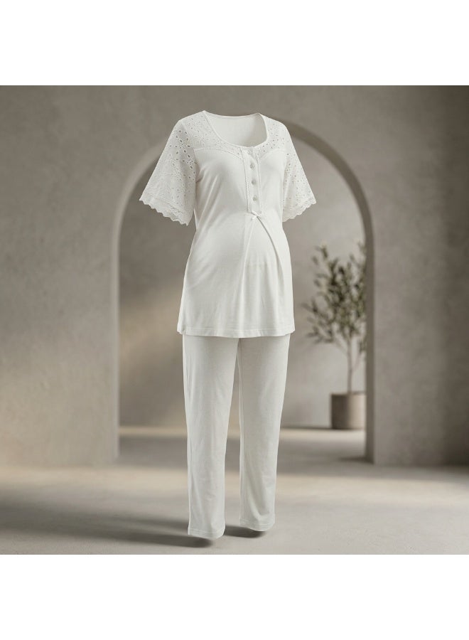 Lady Lingerie 2-Piece Maternity & Nursing Pajama Set | Short Sleeve Button-Front Top & Adjustable Waist Pants | Soft Cotton Viscose Blend | Made in Turkey - Image 3