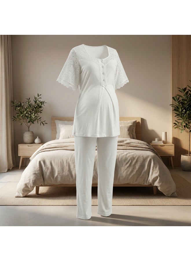 Lady Lingerie 2-Piece Maternity & Nursing Pajama Set | Short Sleeve Button-Front Top & Adjustable Waist Pants | Soft Cotton Viscose Blend | Made in Turkey - Image 5