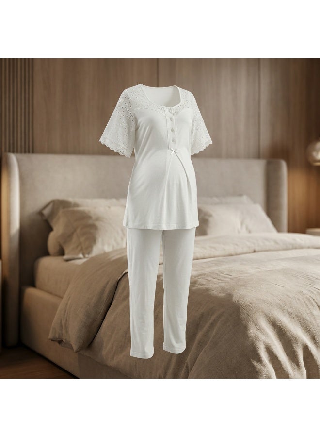 Lady Lingerie 2-Piece Maternity & Nursing Pajama Set | Short Sleeve Button-Front Top & Adjustable Waist Pants | Soft Cotton Viscose Blend | Made in Turkey - Image 2