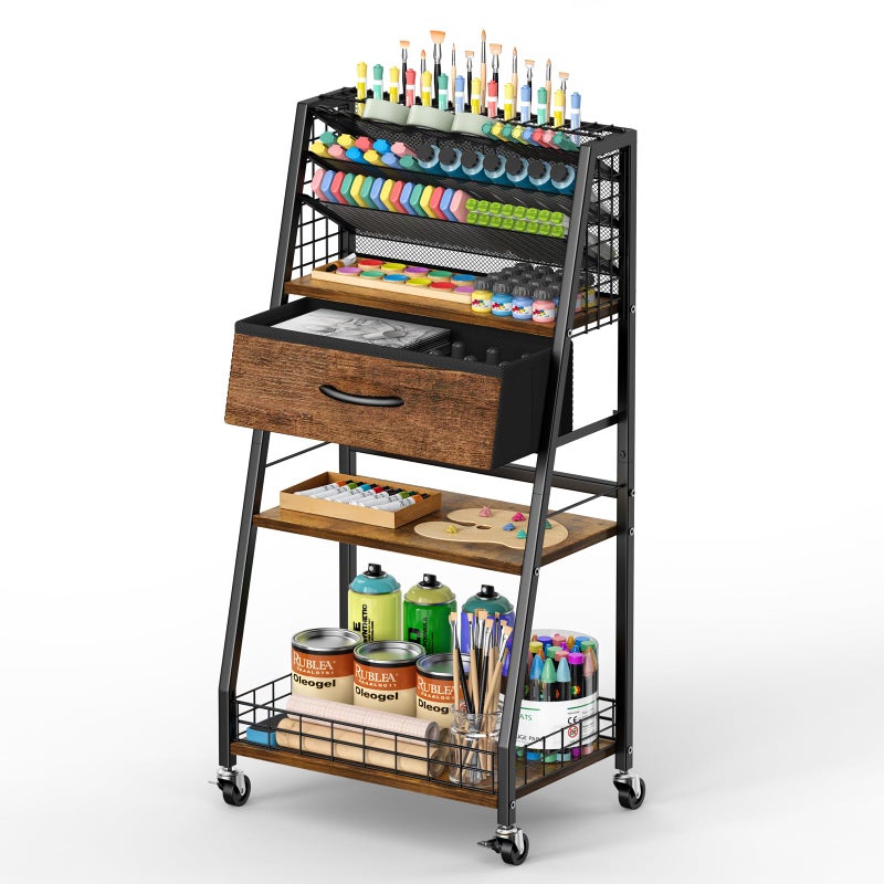 Housolution 3 Tier Rolling Cart with Drawer, Utility Cart with Lockable Wheels, Multi-Functional Arts and Crafts Organizer Storage for Brushes & Paints & Artifacts, Ideal for Home Office Studio - Image 1