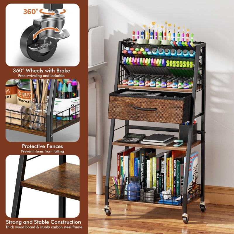Housolution 3 Tier Rolling Cart with Drawer, Utility Cart with Lockable Wheels, Multi-Functional Arts and Crafts Organizer Storage for Brushes & Paints & Artifacts, Ideal for Home Office Studio - Image 5