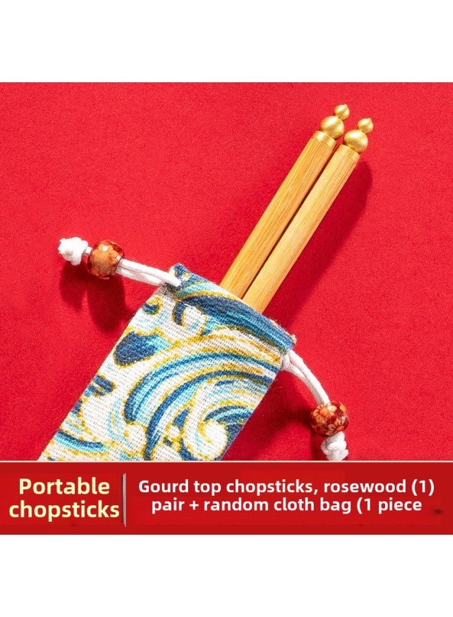 Chicken Wing Wooden Chopsticks Portable Cloth Bag Guofeng Travel Mountaineering Carry-on Solid Wood Redwood Chopsticks Household One Person Chopsticks-Color:Gourd Top Yellow Sandalwood A Pair Of Cloth Bags  - Image 1