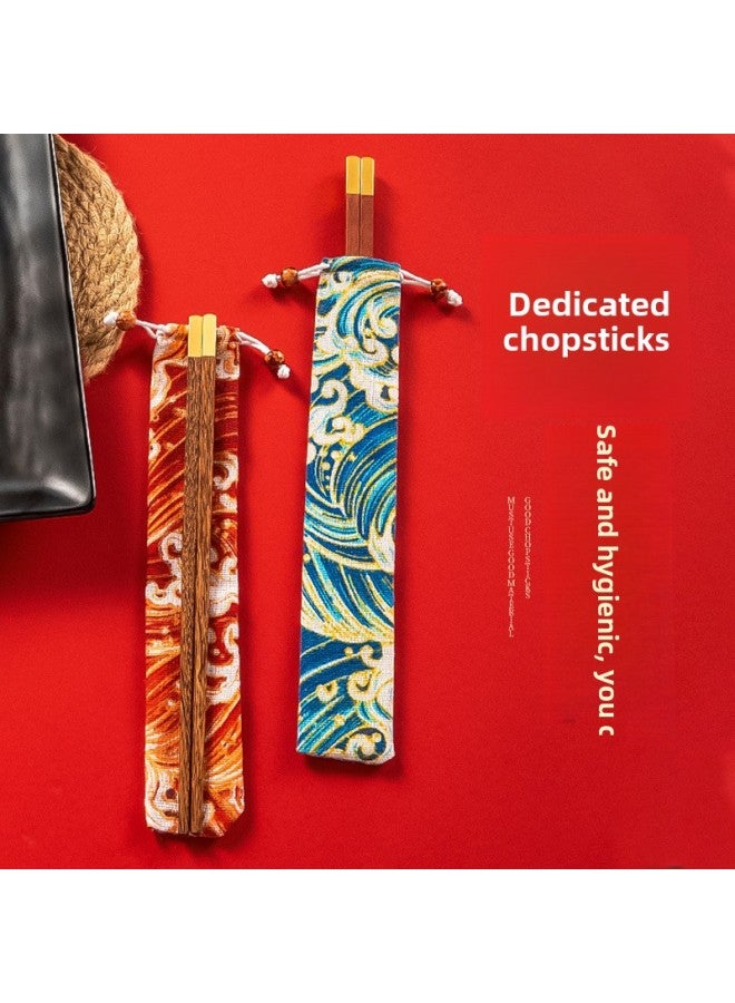 Chicken Wing Wooden Chopsticks Portable Cloth Bag Guofeng Travel Mountaineering Carry-on Solid Wood Redwood Chopsticks Household One Person Chopsticks-Color:Gourd Top Yellow Sandalwood A Pair Of Cloth Bags  - Image 2