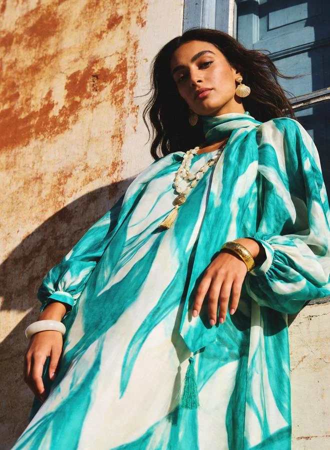 Iconic Printed A line Women Dress with Volume Sleeves