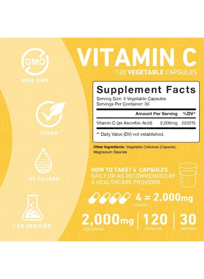 PUREFINITY - Vitamin C 2000mg Capsules – Double Strength, High Absorption Supplement, Powerful Antioxidant Properties, 120 Capsules (1 Month Supply) - Image 1