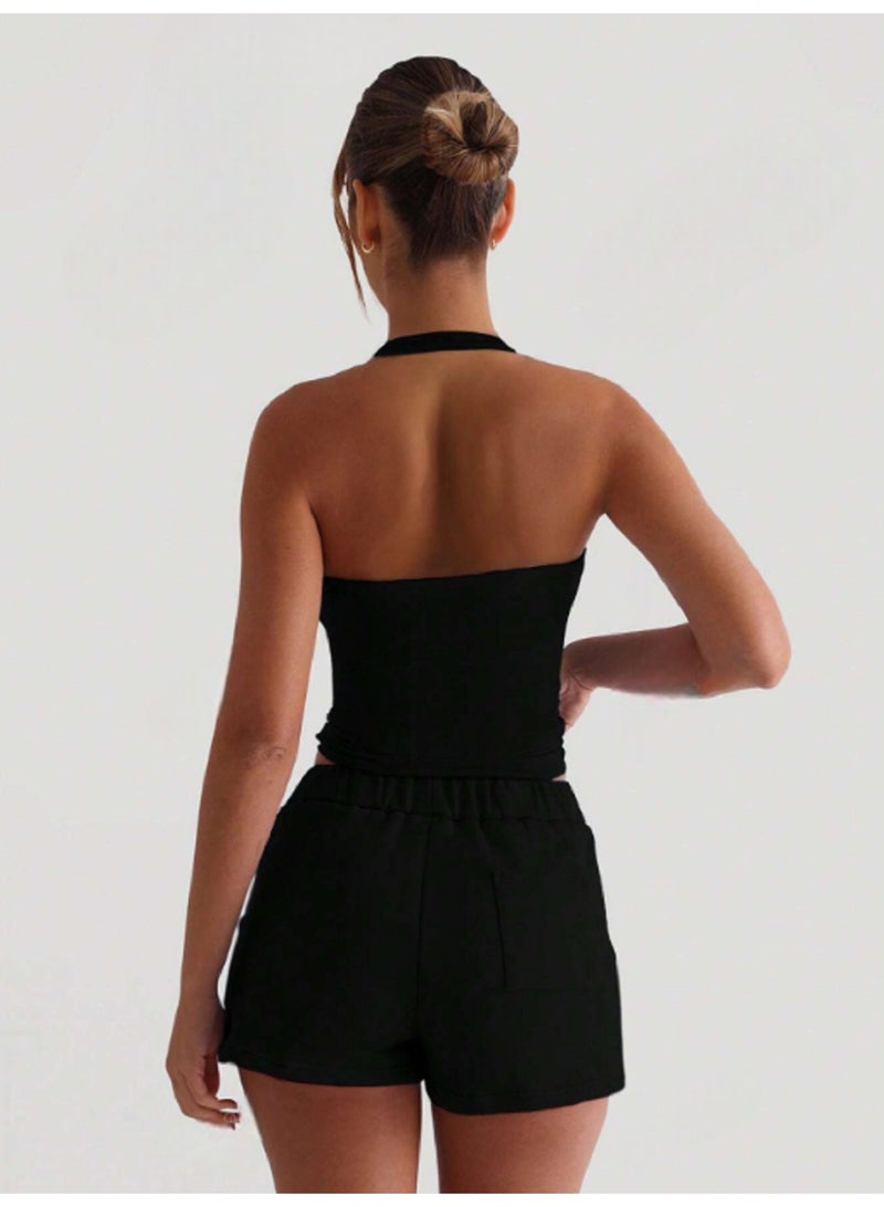 مانيكان قميص داخلي نسائي بدون أكمام توب قصير برباط حول الرقبة ضيق ومُفصل - Image 2