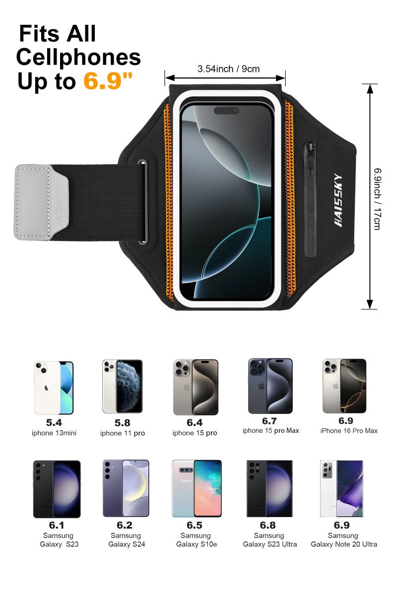 HAISSKY Running Armband with Earphone Bag Cell Phone Armband for iPhone 16 15 Pro 14 Plus 13 11 XR XS, Galaxy S24/S10 Water Resistant Sports Phone Holder Case & Zipper Slot Car Key Holder for 6.9 inch Phone - Image 3