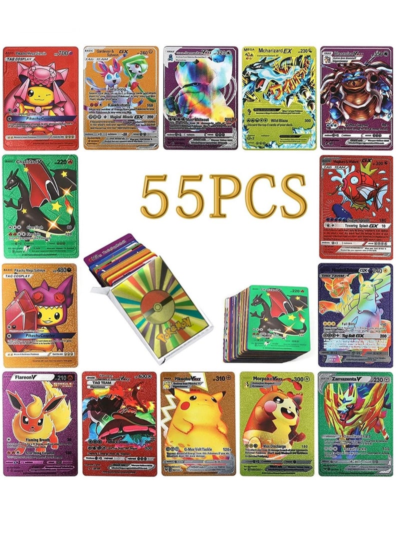 Pokemon - Pokemon Cards Rainbow Golden Foil Set 7 Assorted Gold Colors 55 pcs Including Vmax Rares V Series GX EX Rares Charizard Common Cards Random pic on cards box cover - Image 1