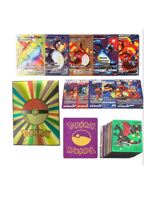 Pokemon Cards Rainbow Golden Foil Set 7 Assorted Gold Colors 55 pcs Including Vmax Rares V Series GX EX Rares Charizard Common Cards Random pic on cards box cover