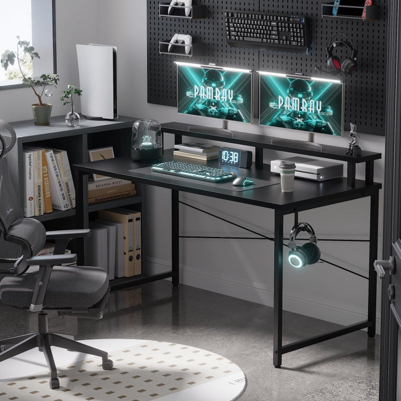 Pamray 47 Inch Small Computer Desk with Monitor Stand, Simple Office Desk with Headphone Hook for Small Spaces, Kids Study Writing Table for Bedroom, Black - Image 2