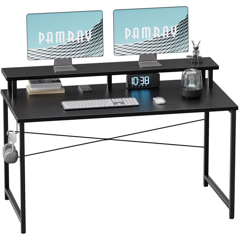 Pamray 47 Inch Small Computer Desk with Monitor Stand, Simple Office Desk with Headphone Hook for Small Spaces, Kids Study Writing Table for Bedroom, Black - Image 1