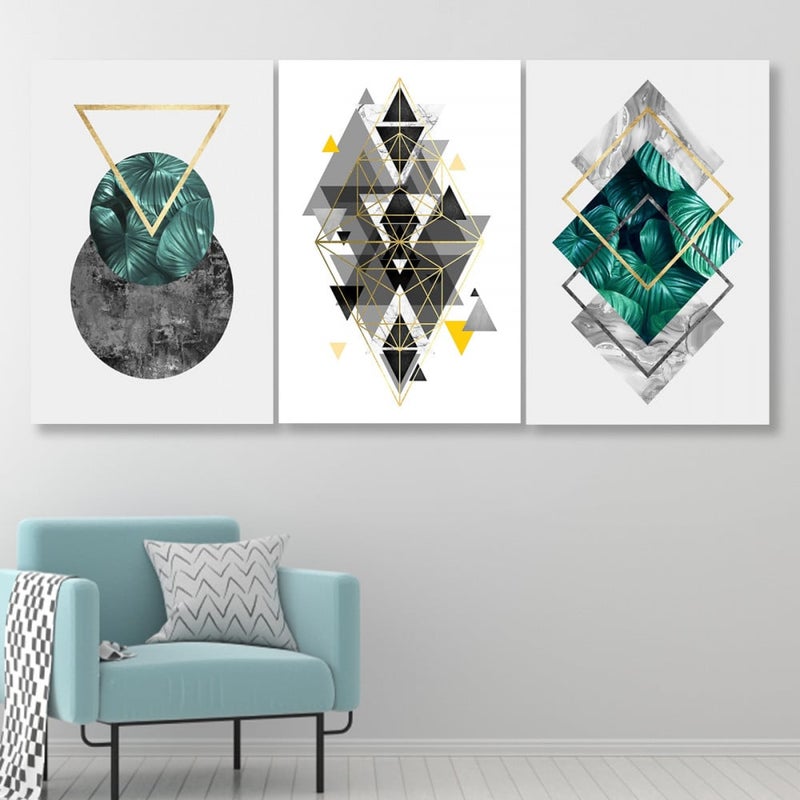 Marktna Three canvas panels with a geometric design and a hollow frame, measuring (120×60), three pieces - Image 1