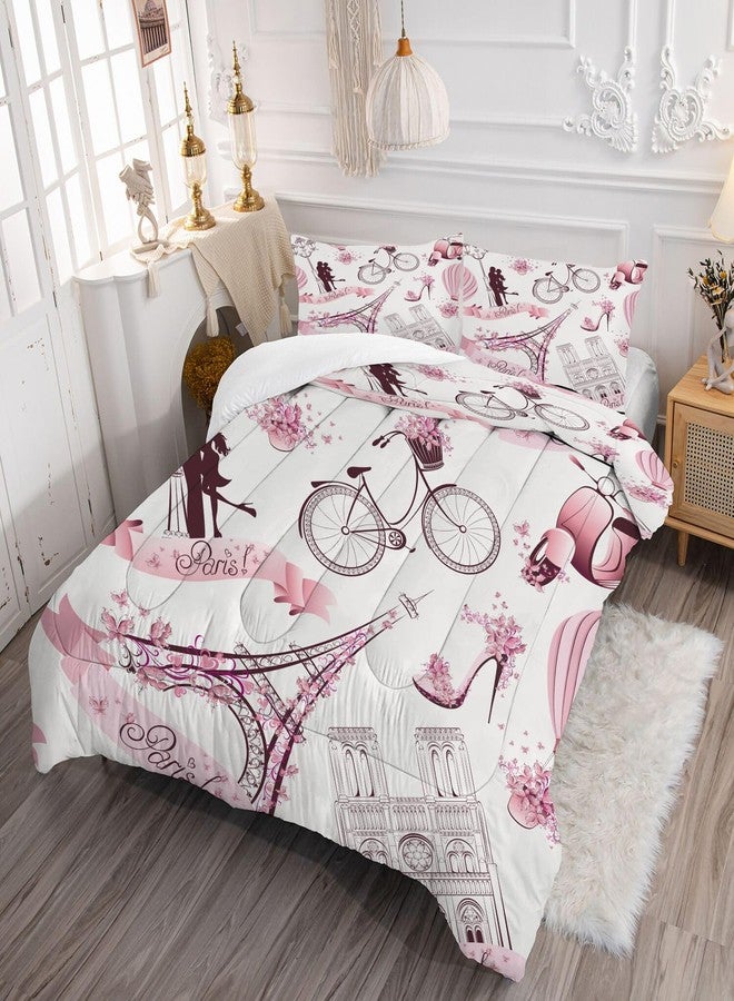 kxry Eiffel Tower Bedding Set Full Size Paris Comforter for Girls Women French Style Couple Pink Flower Quilted Duvet 1 Comforter + 2 Pillow Cases - Image 2