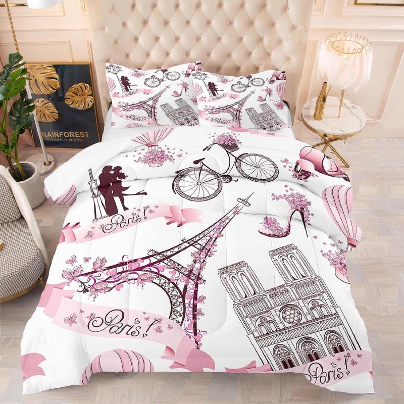 kxry Eiffel Tower Bedding Set Full Size Paris Comforter for Girls Women French Style Couple Pink Flower Quilted Duvet 1 Comforter + 2 Pillow Cases - Image 1