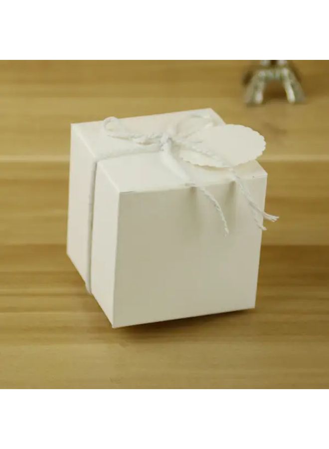 5x5 White Cardboard Wedding Candy Boxes with Rounded Corners Ribbon Bow Bulk 50pcs for Wedding Favors Party Treats Birthday Corporate Events Vintage Style Flat Lid for Chocolates Truffles Small Gifts - Image 1