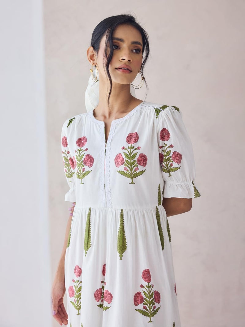 FIORRA Women's Off-White Floral Printed Cotton Midi Dress DR0024 - Image 5