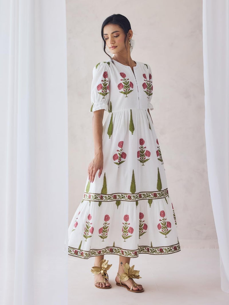 FIORRA Women's Off-White Floral Printed Cotton Midi Dress DR0024 - Image 3
