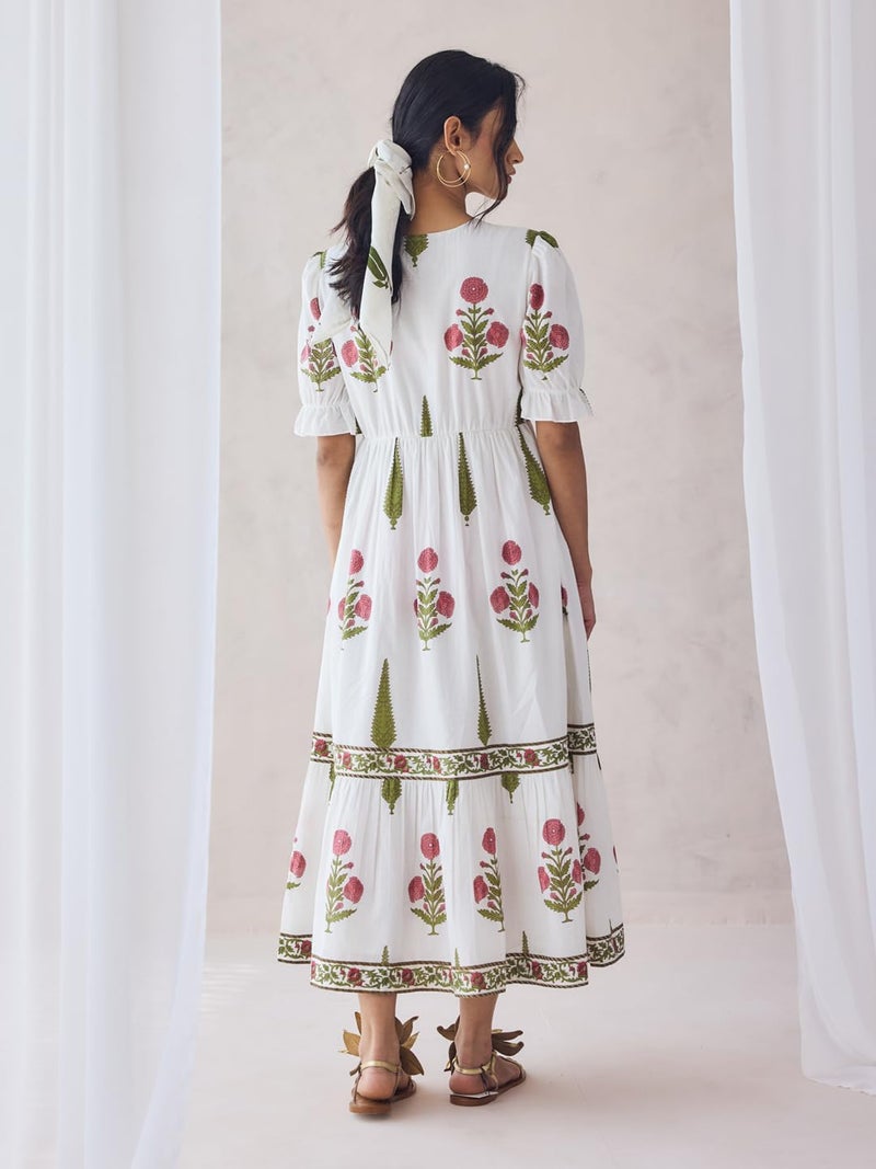 FIORRA Women's Off-White Floral Printed Cotton Midi Dress DR0024 - Image 2