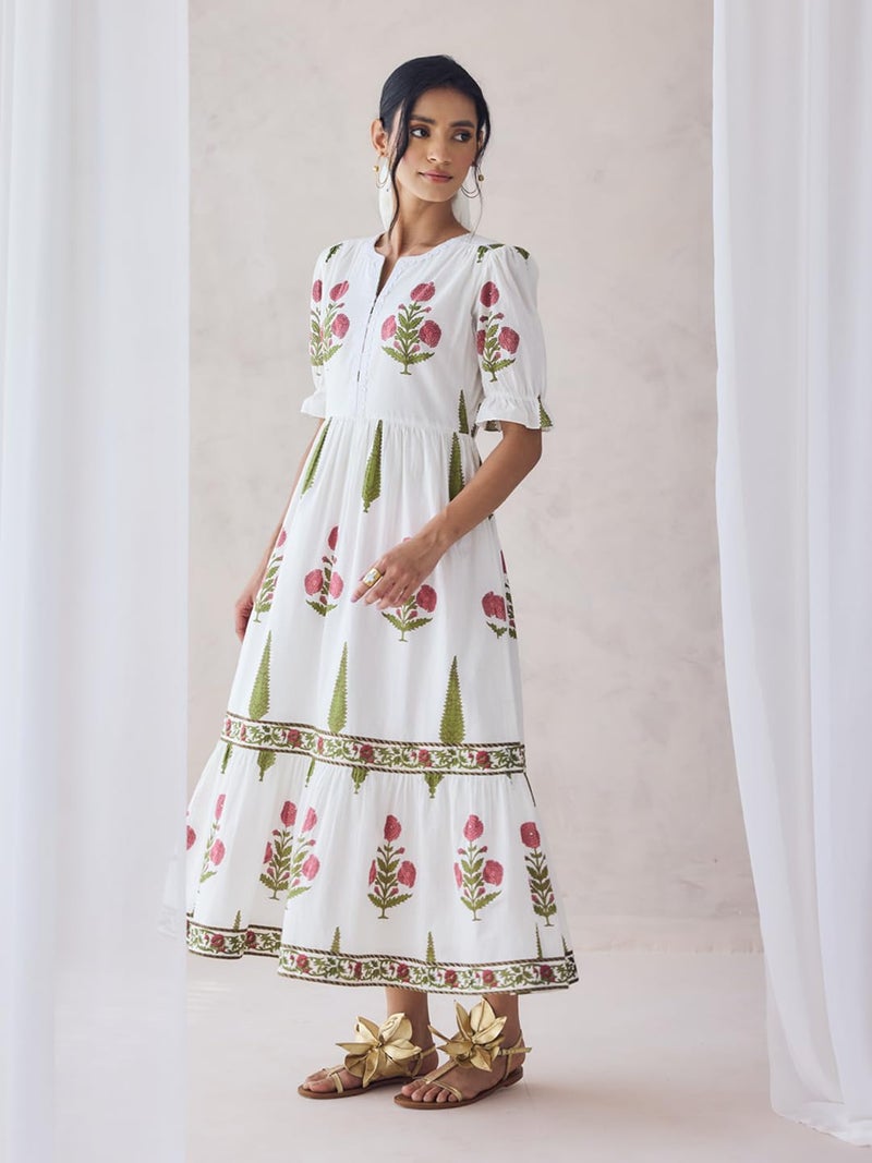 FIORRA Women's Off-White Floral Printed Cotton Midi Dress DR0024 - Image 4