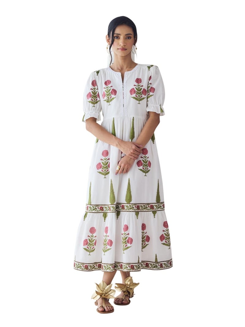 FIORRA Women's Off-White Floral Printed Cotton Midi Dress DR0024 - Image 1
