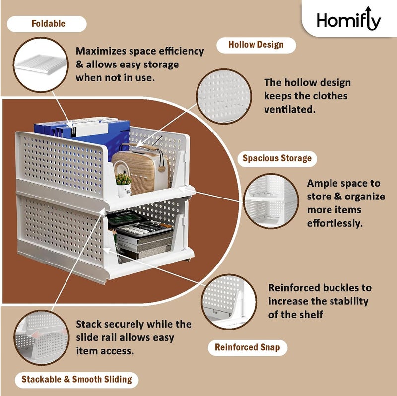 HOMIFLY Polypropylene 6 Pieces Wardrobe Organizer for StorageFoldable Stackable Closet BasketCupboard Organizer for ClothesAlmirah Space SaverWhite Clothing - Image 4