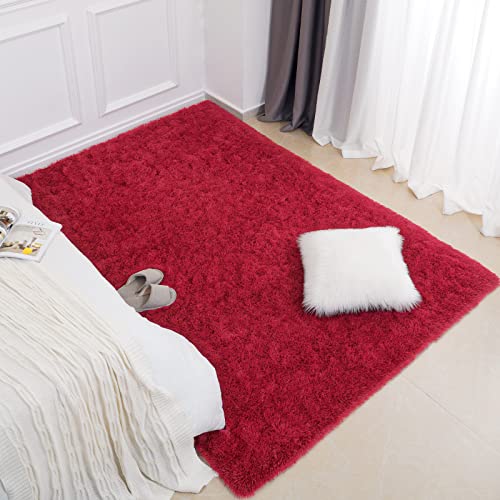 AROGAN Fluffy Rugs for Bedroom Living Room Shag Area Rugs for Nursery Kids Girls Room Plush Fur Rug for Playroom Dorm 4x6 Feet Wine Red - Image 3