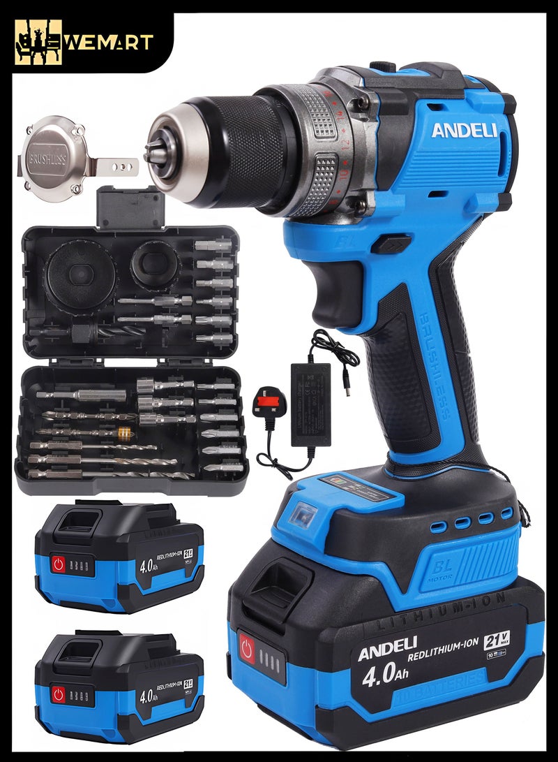 ANDELI 65N.m Brushless Cordless Drill, 21V MAX POWER,with Two 4.0Ah Li-Ion Batteries and Fast Charger,Battery level display, 20+1 Position Clutch, LED Work Light, Variable Speed ​​Drill, For drilling holes in walls, metal, concrete and wood - Image 1