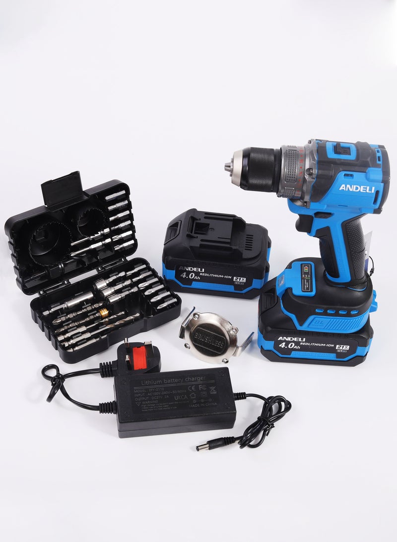 ANDELI 65N.m Brushless Cordless Drill, 21V MAX POWER,with Two 4.0Ah Li-Ion Batteries and Fast Charger,Battery level display, 20+1 Position Clutch, LED Work Light, Variable Speed ​​Drill, For drilling holes in walls, metal, concrete and wood - Image 2