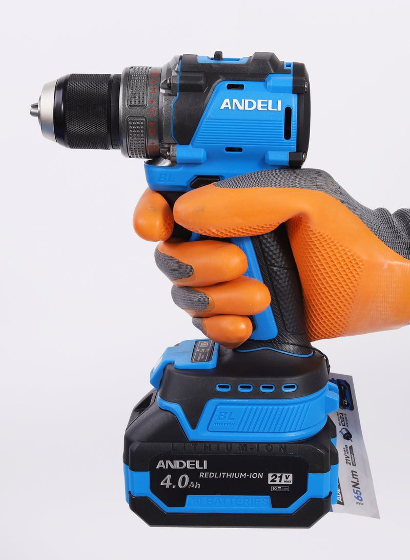 ANDELI 65N.m Brushless Cordless Drill, 21V MAX POWER,with Two 4.0Ah Li-Ion Batteries and Fast Charger,Battery level display, 20+1 Position Clutch, LED Work Light, Variable Speed ​​Drill, For drilling holes in walls, metal, concrete and wood - Image 5