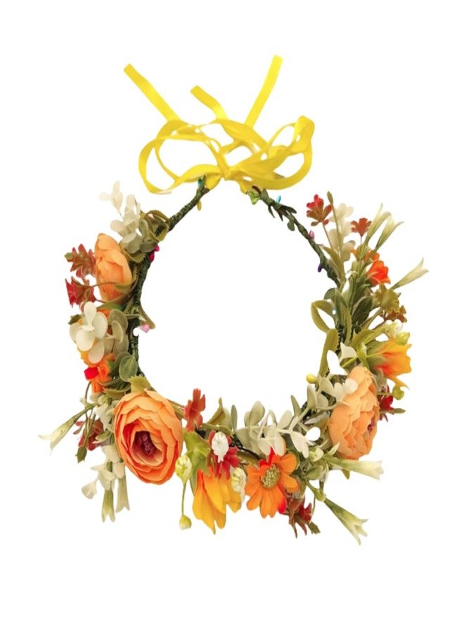 QUUPY Artificial Flower Crown Floral Crown Flower Wreath Headband Boho Hair Garland with Ribbon Floral Headpiece for Wedding Party(Orange) - Image 1