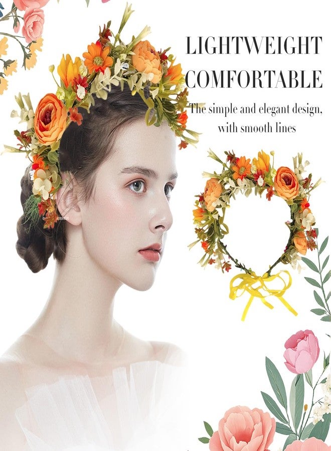 QUUPY Artificial Flower Crown Floral Crown Flower Wreath Headband Boho Hair Garland with Ribbon Floral Headpiece for Wedding Party(Orange) - Image 5