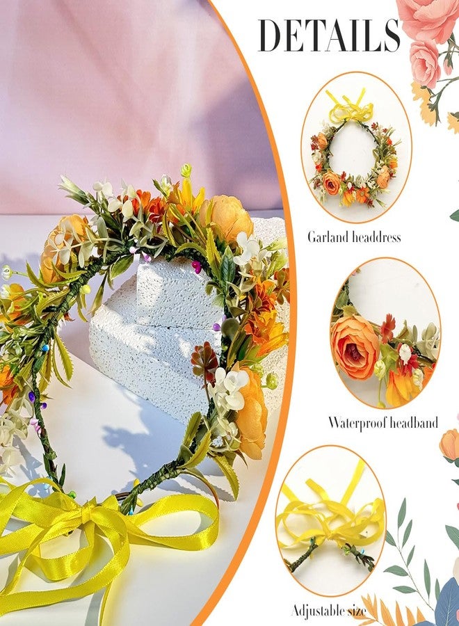 QUUPY Artificial Flower Crown Floral Crown Flower Wreath Headband Boho Hair Garland with Ribbon Floral Headpiece for Wedding Party(Orange) - Image 3
