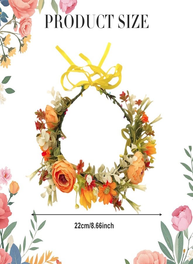 QUUPY Artificial Flower Crown Floral Crown Flower Wreath Headband Boho Hair Garland with Ribbon Floral Headpiece for Wedding Party(Orange) - Image 2